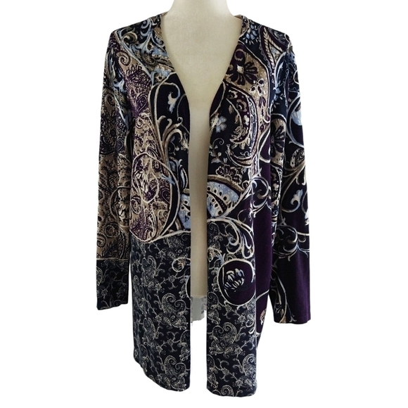 Chico's Royal Scroll Purple Luxe Long Open Front Cardigan Boho Paisley Layering - Picture 1 of 8